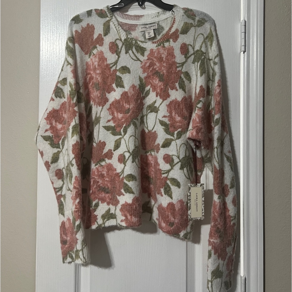 Laura Ashley Cream Sweater with Dusty Rose Floral Print